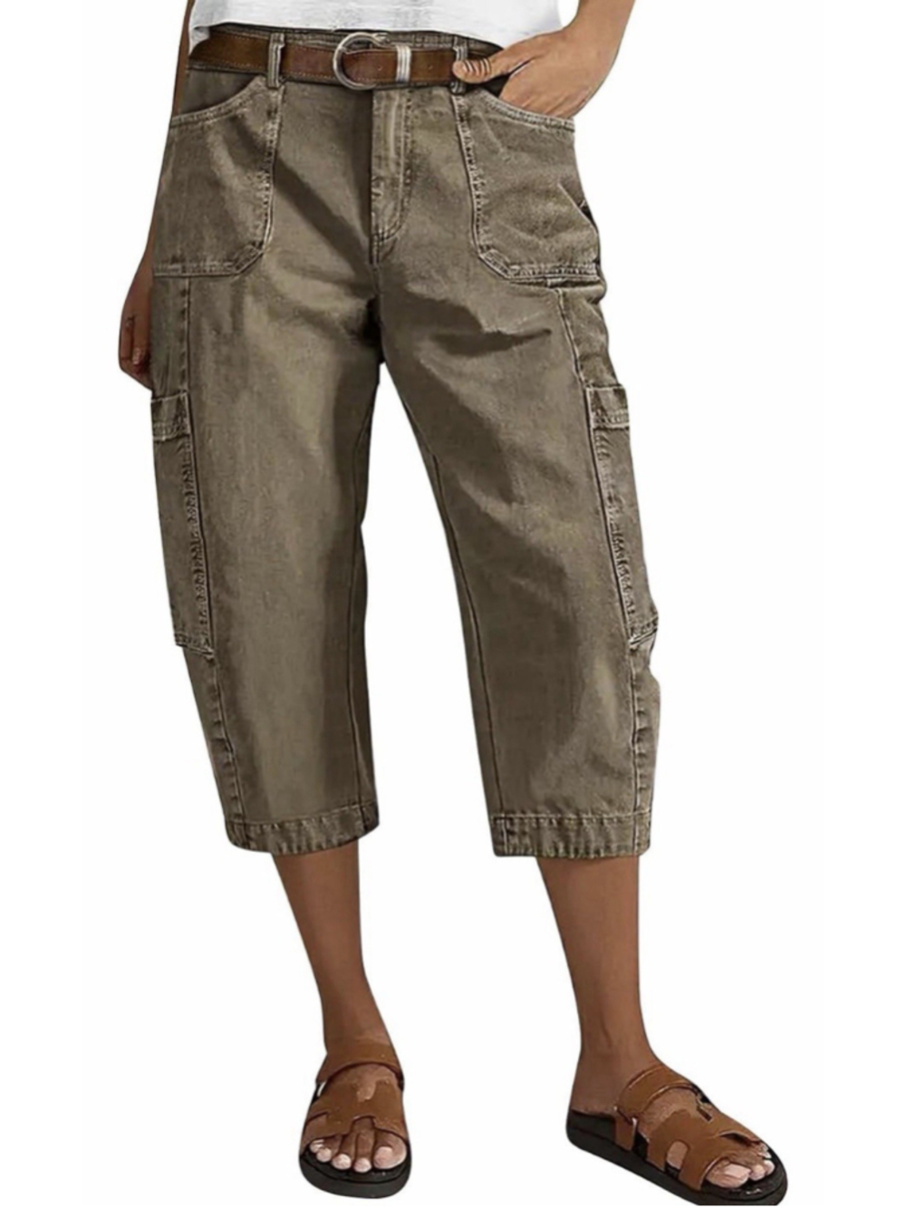 Flamingals Straight Leg Mid Rise Capri Pants for Women Vintage Wash XL